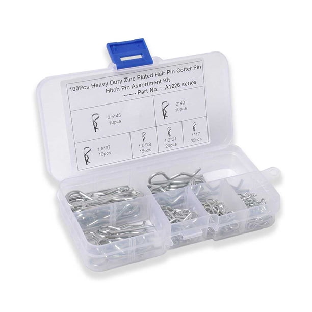 Riwesomey 100PCS Heavey Duty Zinc Plated Hair Pin Cotter R Clip Pin Hitch Tractor Lawn Mpver y caja de almacenamiento Type2 NO2 Riwesomey CZ10228-00B