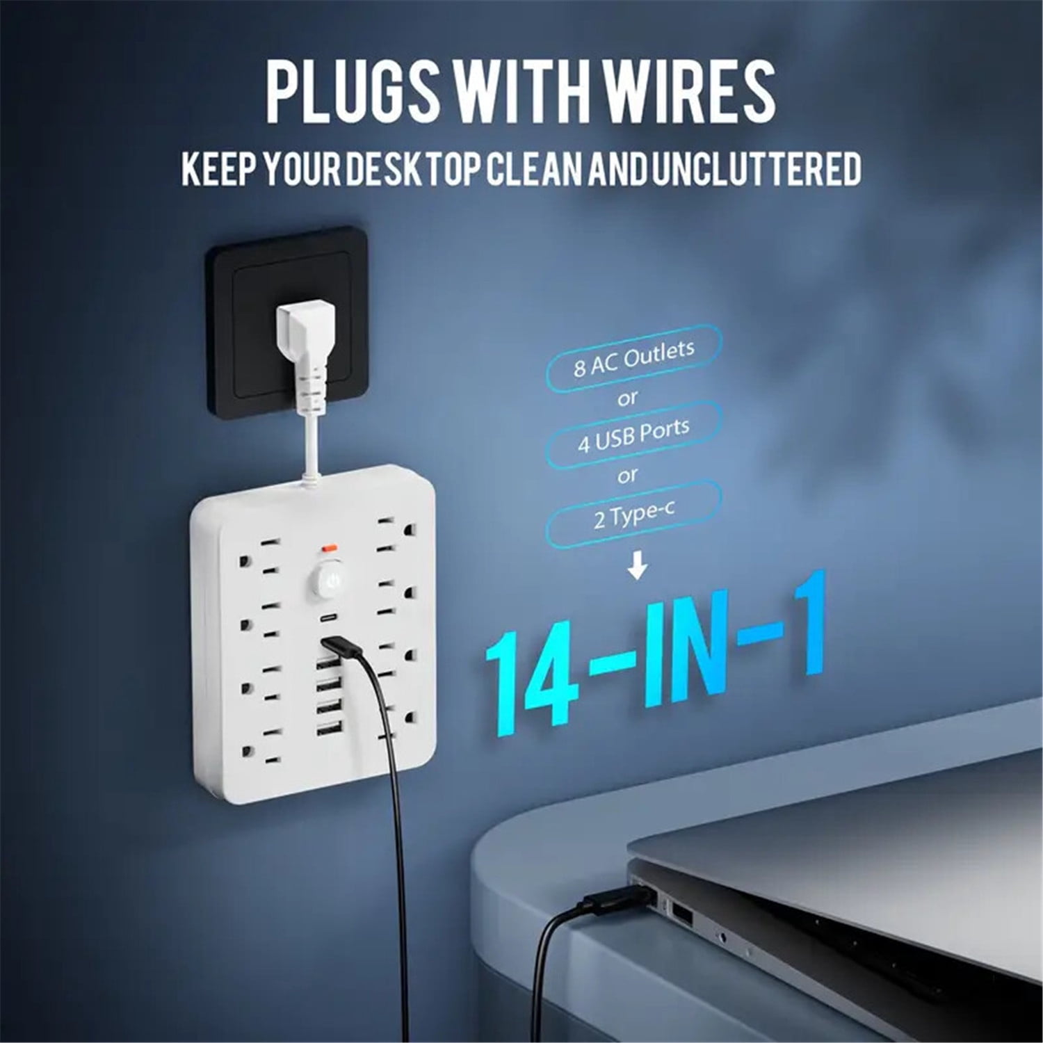 14 in 1 Multi-function Power Strip Surge Protector with 8 Outlets,4 USB and 2 USB C Ports,Extension Cord,Flat Plug,Wall Mount,Overload Protection Desk USB Charging Station for Home,Office(Black)