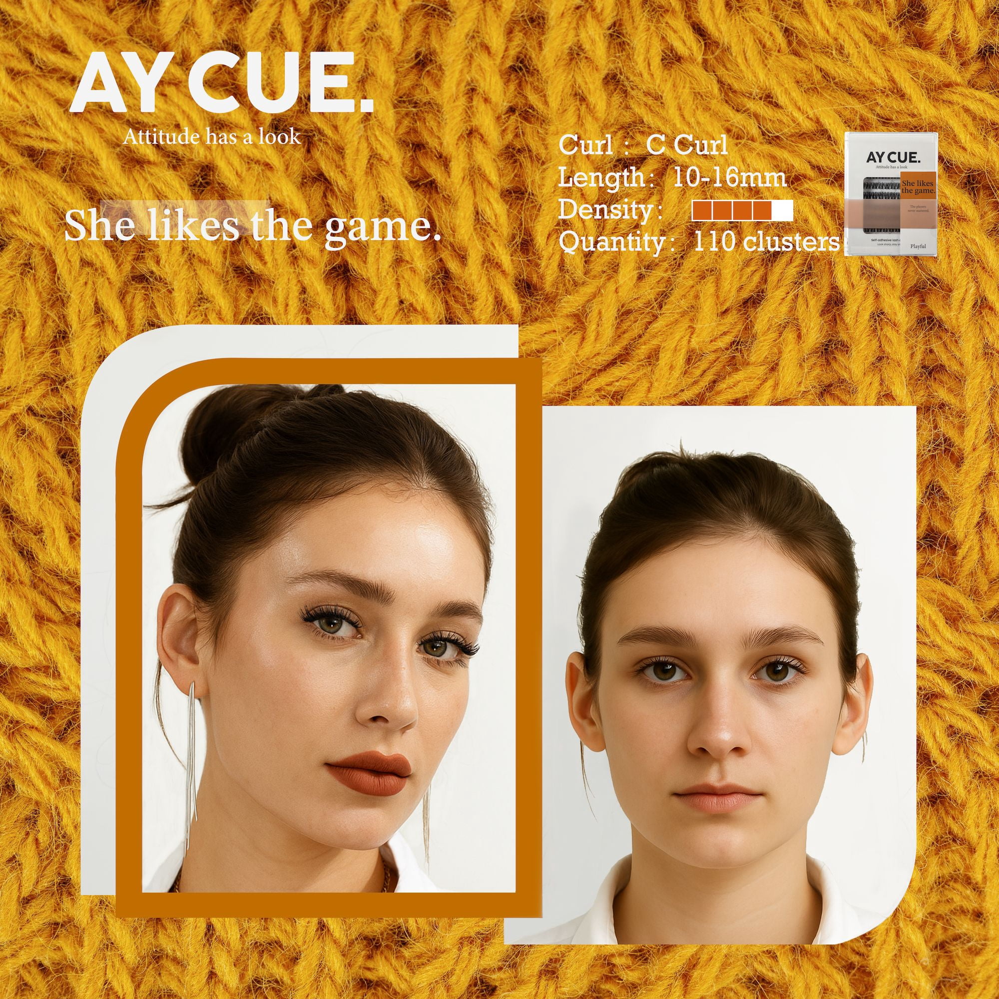 AYCUE #SHE LIKES THE GAME# Self-adhesive Lash Clusters C Curl 10-16mm 110 Clusters Glue-free Eyelashes Extensions for Natural Look Easy Application