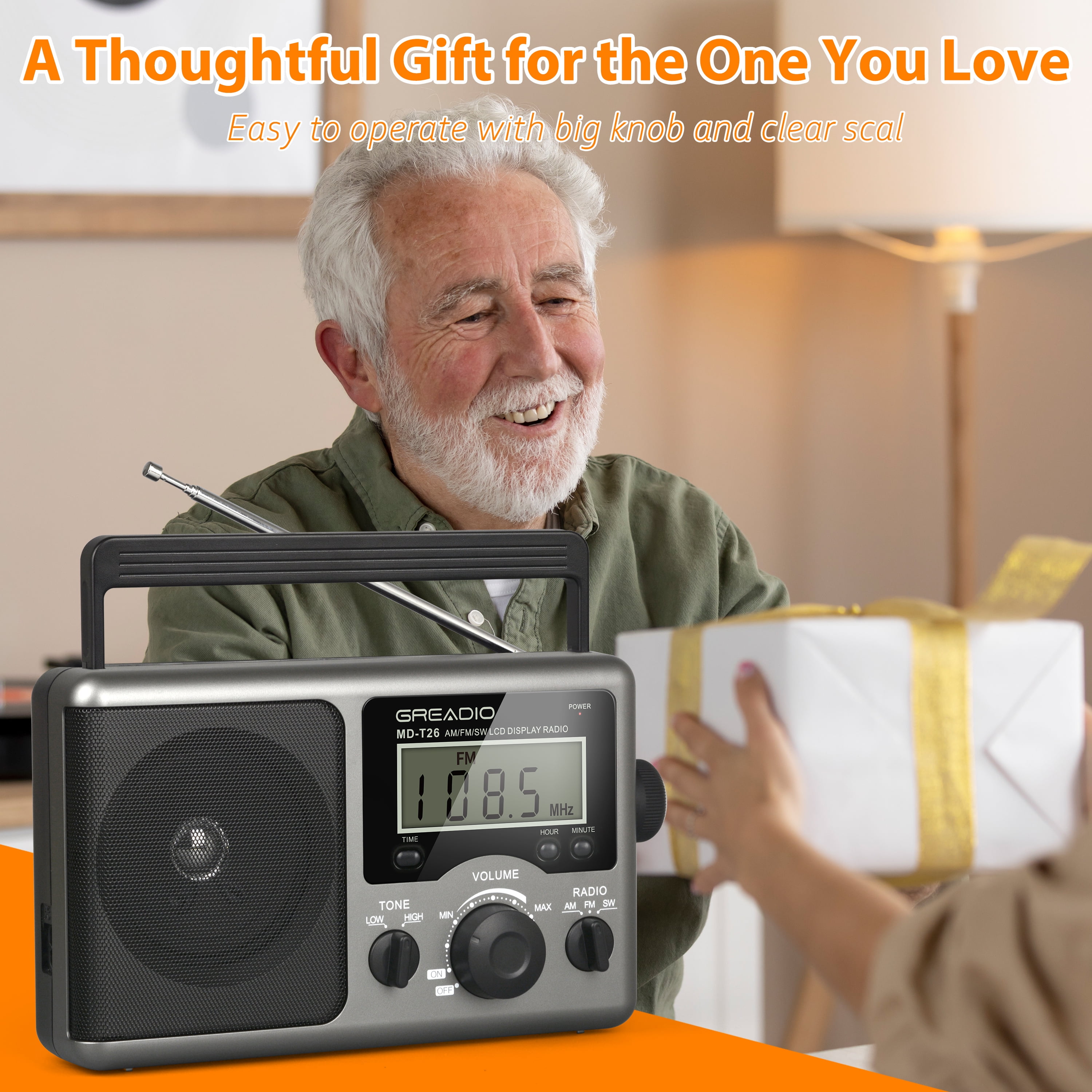 Jazmm Portable Shortwave Radio, AM FM Transistor,LCD Display,Time Setting,Battery Operated by 4 D Cell Batteries or AC Power, Big Speaker for Elder, Home