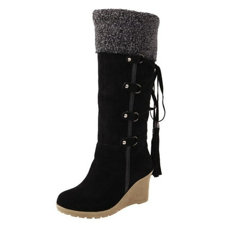 

KBKYBUYZ Women Boots Retro Lace Up Shoes Casual Flat Wedge Heel Boots Plus Size Zipper Snow Boots