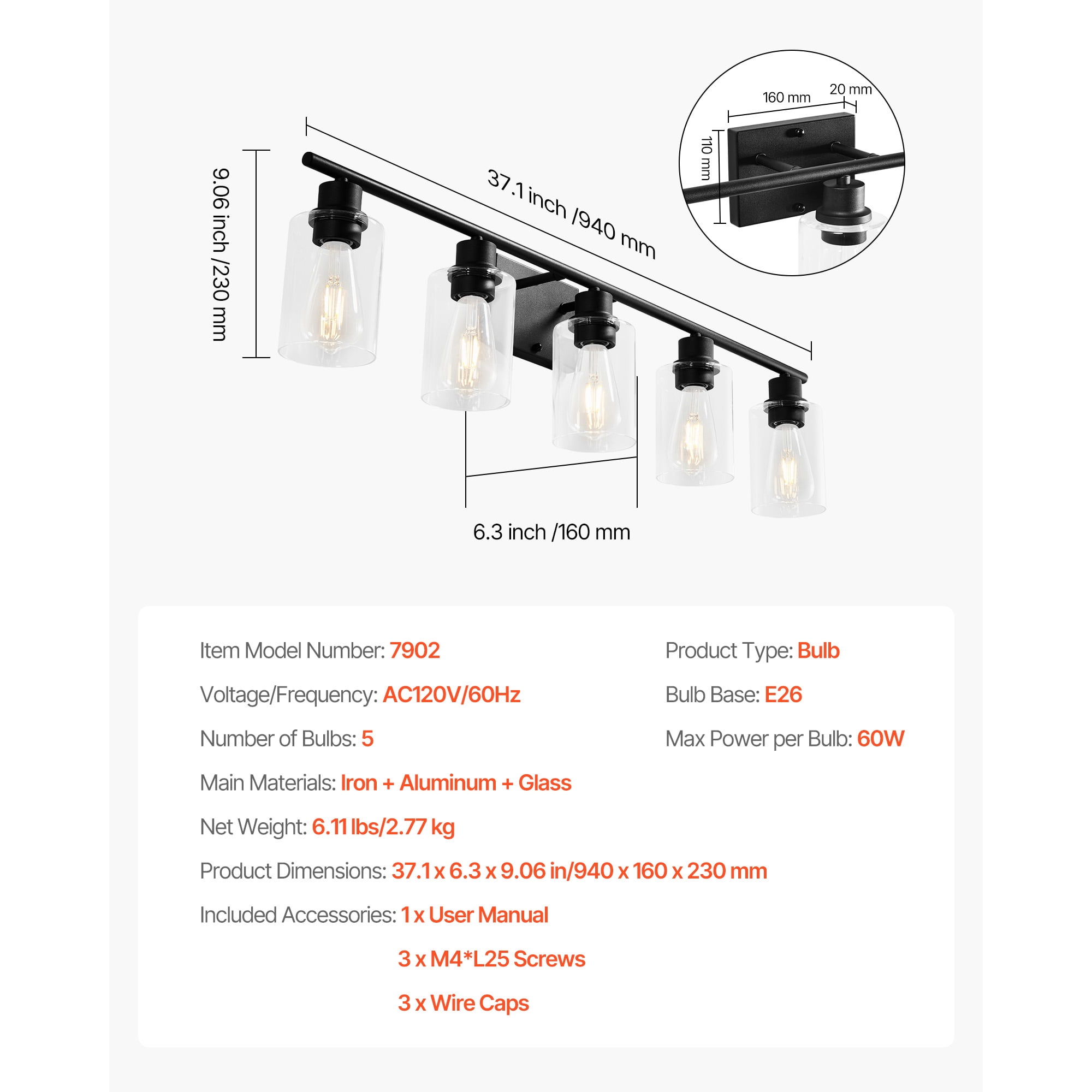 KFFKFF 5-Light Bathroom Vanity Fixture, 37.1-Inch Modern Wall Light with Clear Glass Shades, 60W, Suitable for Bathroom, Living Room, Bedroom, Hallway, E26 Base (Bulbs Not Included)