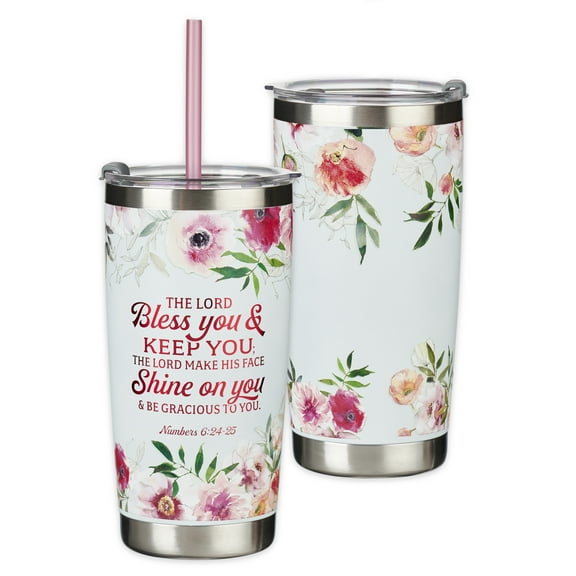 Christian Art Gifts Stainless Steel White & Pink Floral Scripture Travel Mug Tumbler for Women: Lord Bless You Inspirational Bible Verse, Lead-free Double Wall Vacuum Sealed Insulated w/Straw, 18 oz.