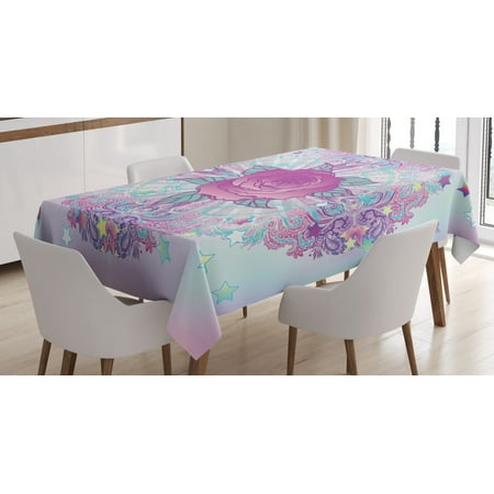 

Indie Tablecloth Psychedelic Mandala Inspired Round Rose Figure 80s 90s Retro Vintage Vibrant Rectangular Table Cover for Dining Room Kitchen 60 X 90 Inches Light Blue Lavander by Ambesonne