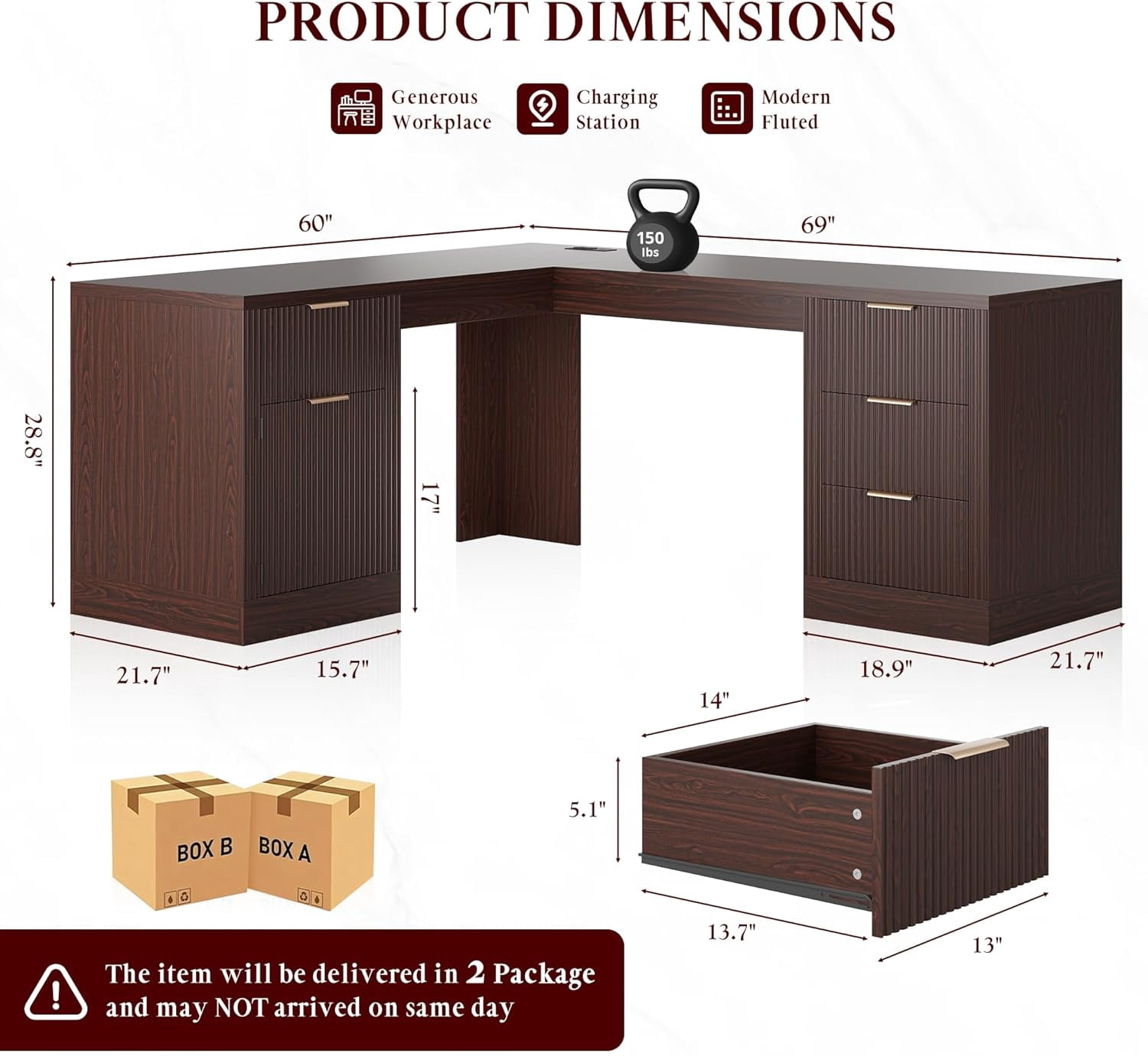 Kuublock 69" Executive L Shaped Desk, Wood Corner Executive Computer Desk with Power Outlets & Storage Drawers, Large Office Desk Workstation for Home, Dark Walnut