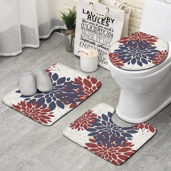 Red and Blue Pioneer Flower Pattern Bathroom Rugs Sets 3 Piece,Toilet Cover Set,Absorbent Non Slip Bathroom Mats Sets with U-Shaped Contour Rug Toilet Rug Set