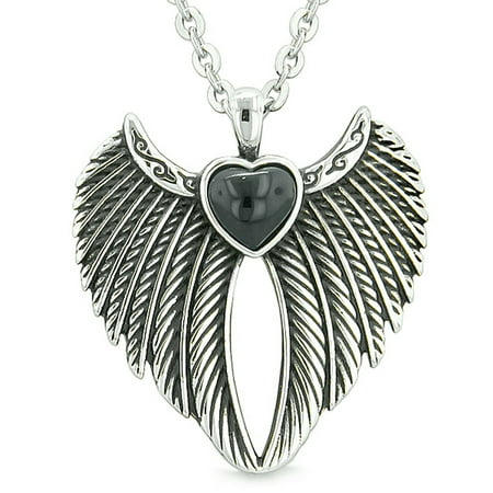 - Angel Wings Magic Heart Protection Powers Amulet Simulated Black Onyx Pendant 18 inch Necklace