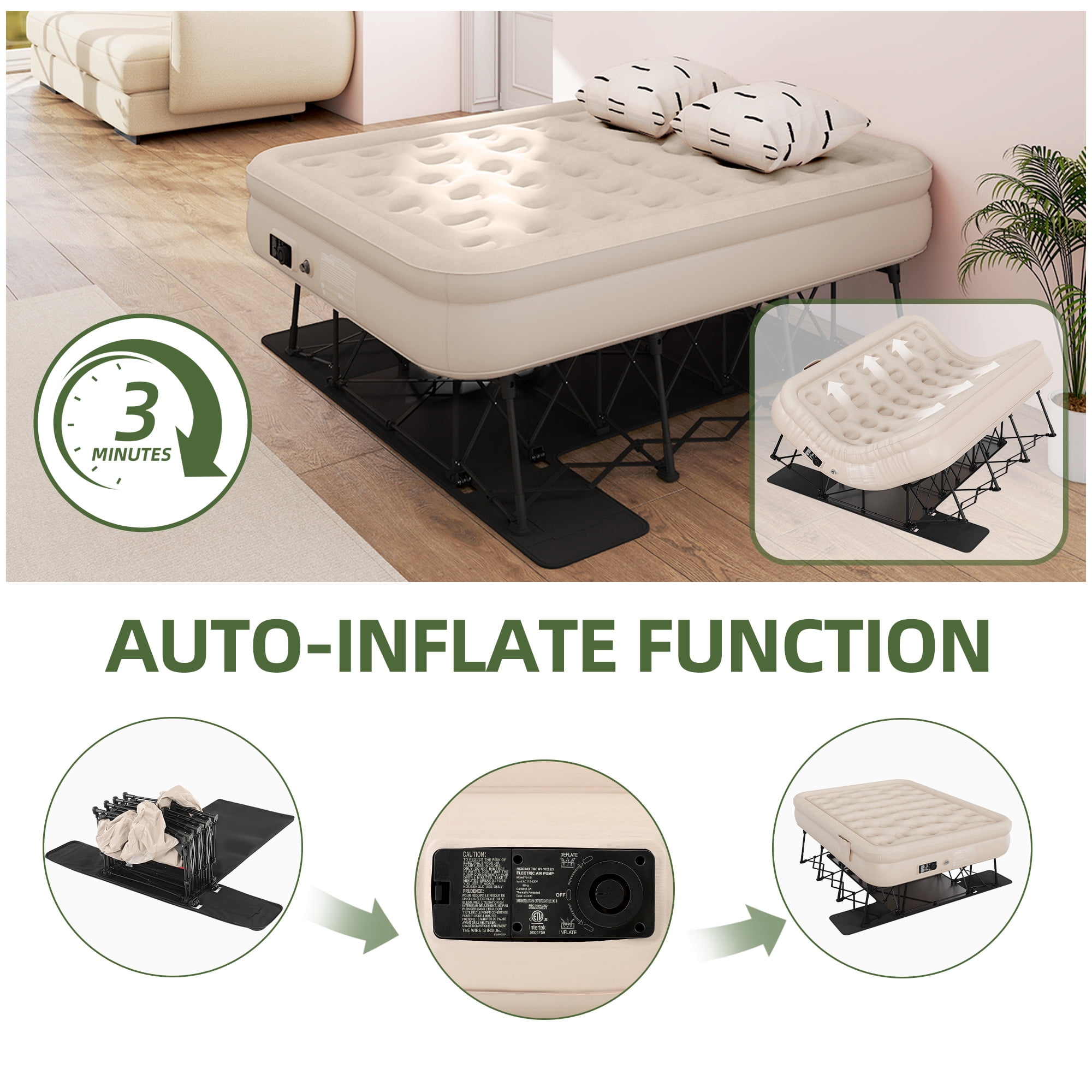 Uforic Queen Inflatable Air Bed with Folding Frame and Rolling Bag, Built-in Pump Blow Up Mattress, Portable Air Mattress for Camping, Guest Room and Travel, 79 x 59 x 28 Inches, Brown