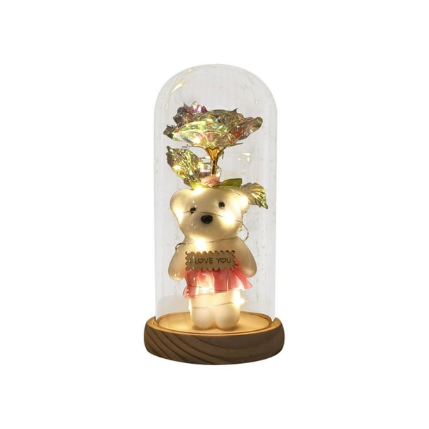 Specollect 2 Pcs Rose Flower Dome Night Light with LED, Romantic Home Decor Gift for Women, Preserved Real Rose and Teddy Bear, Warm White Lights for Bedroom Desk Decoration