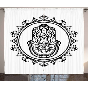 Ambesonne Evil Eye Curtains 2 Panel Set, Hamsa Mandala Shape Art, 108" x 63", White Black