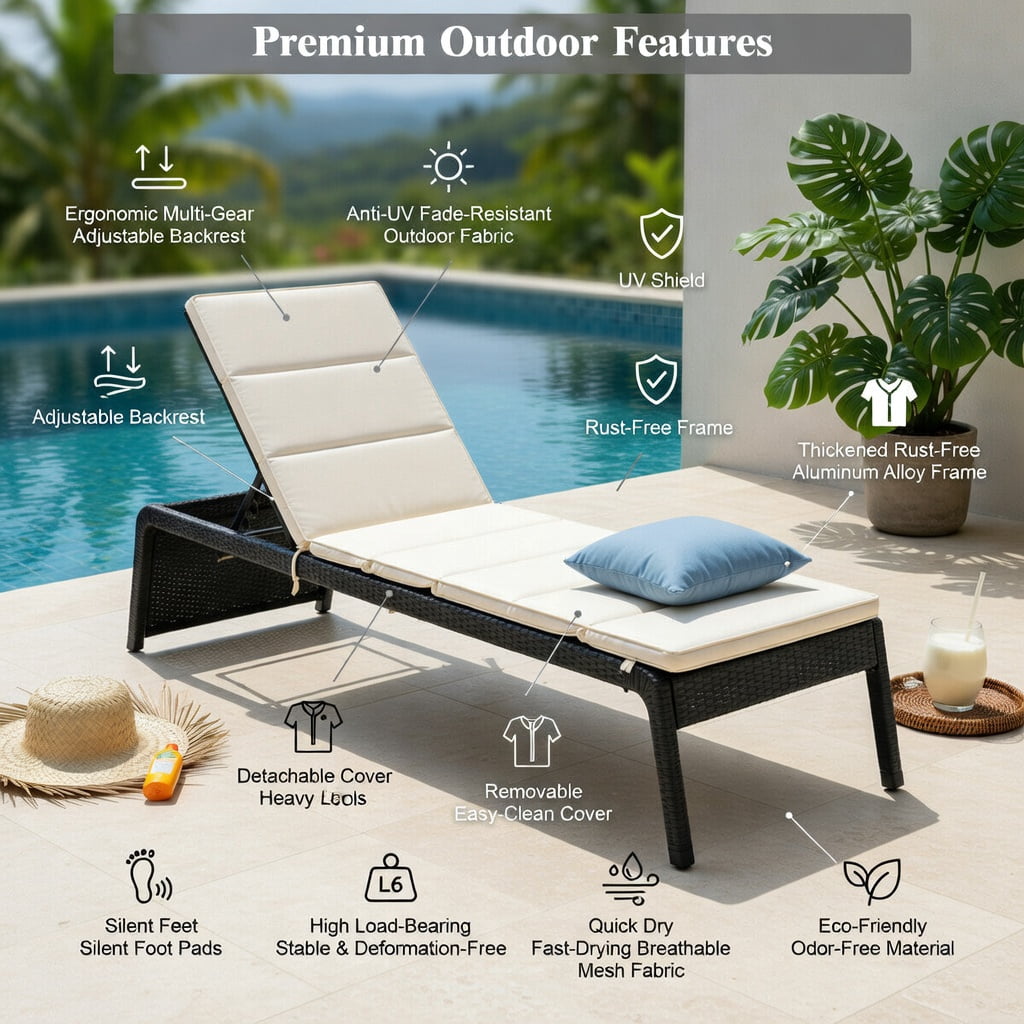 Hommoo Adjustable Outdoor Rattan Chaise Lounge Chair with Thick Cushion, PE Wicker Recliner for Patio, Pool, Balcony & Garden, White