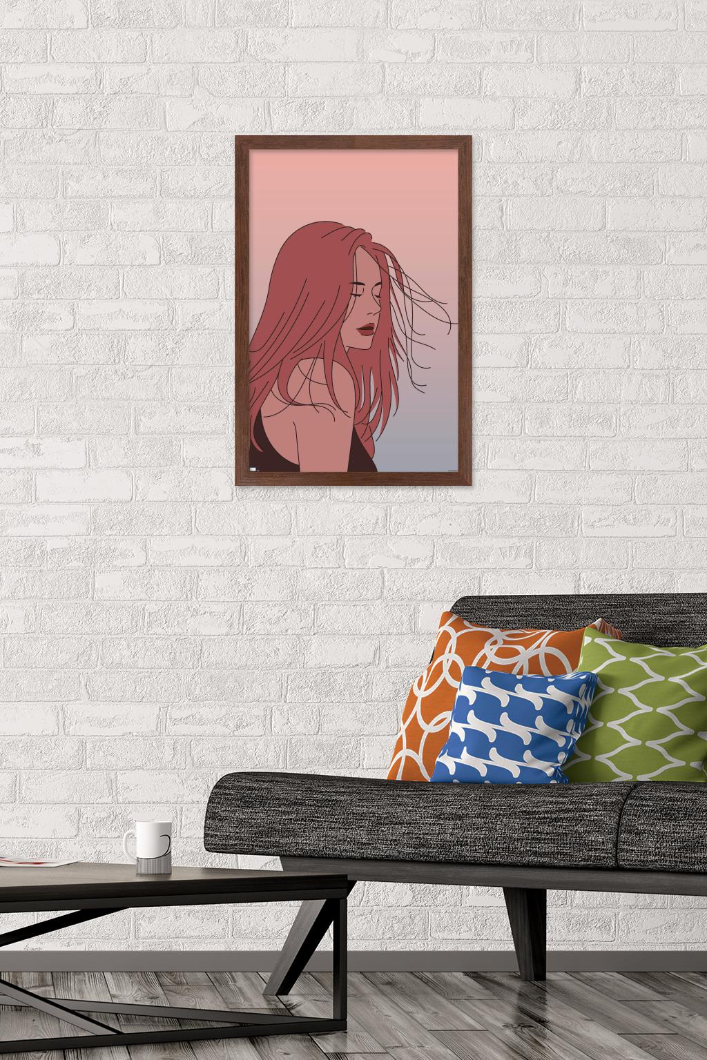 Hand Drawn Woman With Blowing Hair Wall Poster, 14.725" x 22.375" Framed