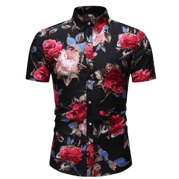TIHLMK Mens Tshirts Summer Savings Men's Fashion Rose Printed Seaside Holiday Style Short-Sleeved Shirt