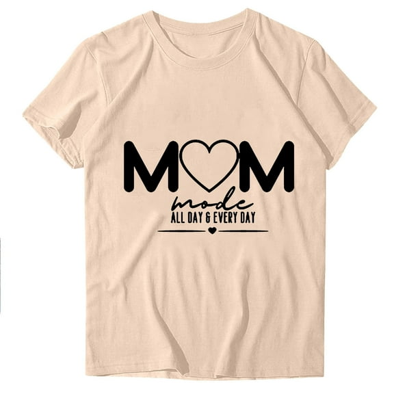 WREESH Mother's Day Mama Shirts Women's Round Neck Short Sleeve Graphic T-Shirts Beige