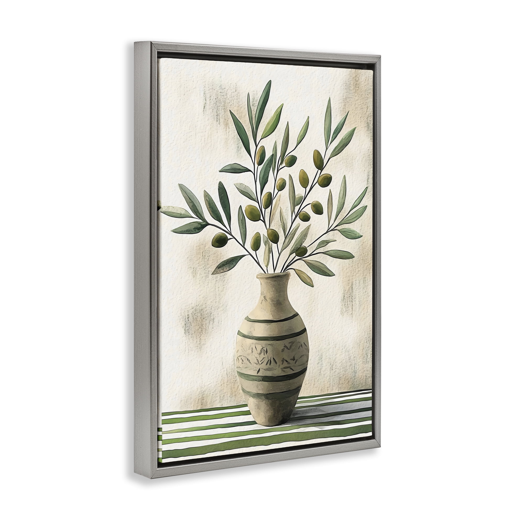 Stupell Industries Vase of Olive Branches Gray Framed Floater Canvas Wall Art, design by Creative Studio