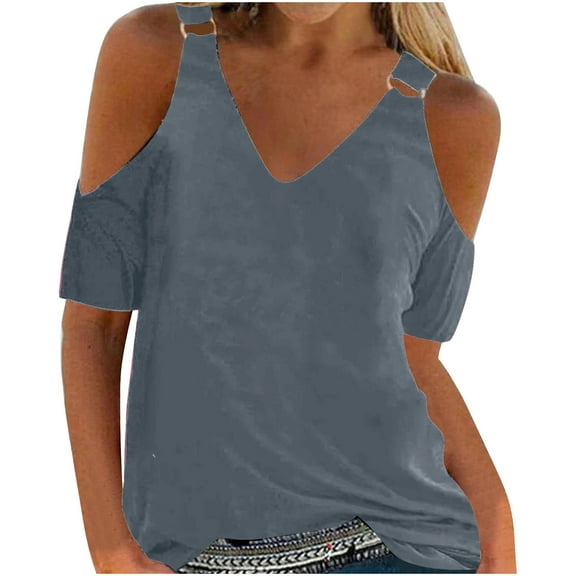 Summer Savings Clearance 2024! TAGOLD Womens Summer Short Sleeve Tops,Women Summer T- Shirt Cold Shoulder Pullover Blouse V-Neck Short Sleeve Solid Tops
