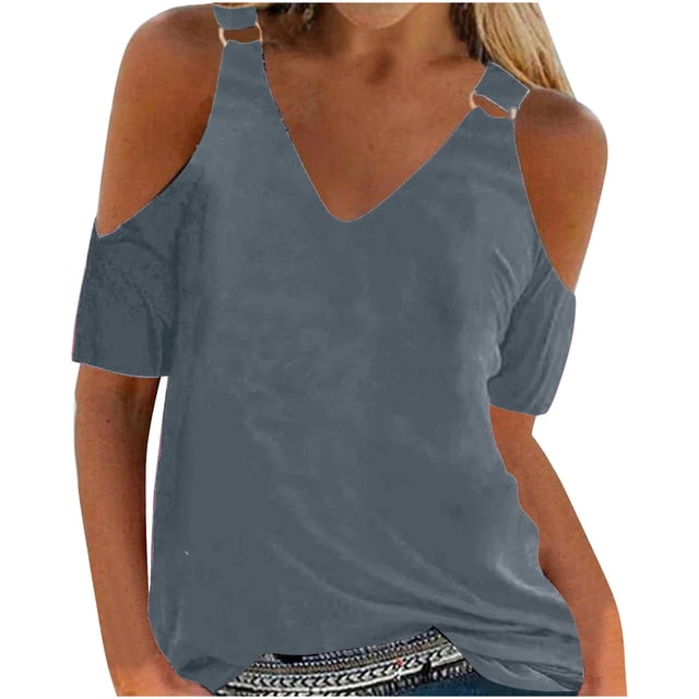 Timegard Womens Tops Clod Shoulder Short Sleeve V Neck Solid Color Tunic Tops Dressy Casual Summer