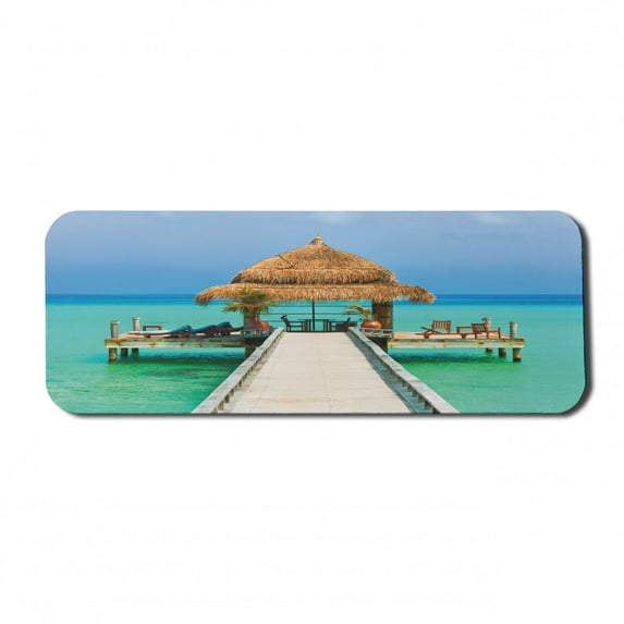 Summer Computer Mouse Pad, Beach Design Palm Trees Maldives Wooden Exotic Pier Relaxation Tropical Vacation, Rectangle Non-Slip Rubber Mousepad Large, 31" x 12", Blue and Green, by Ambesonne