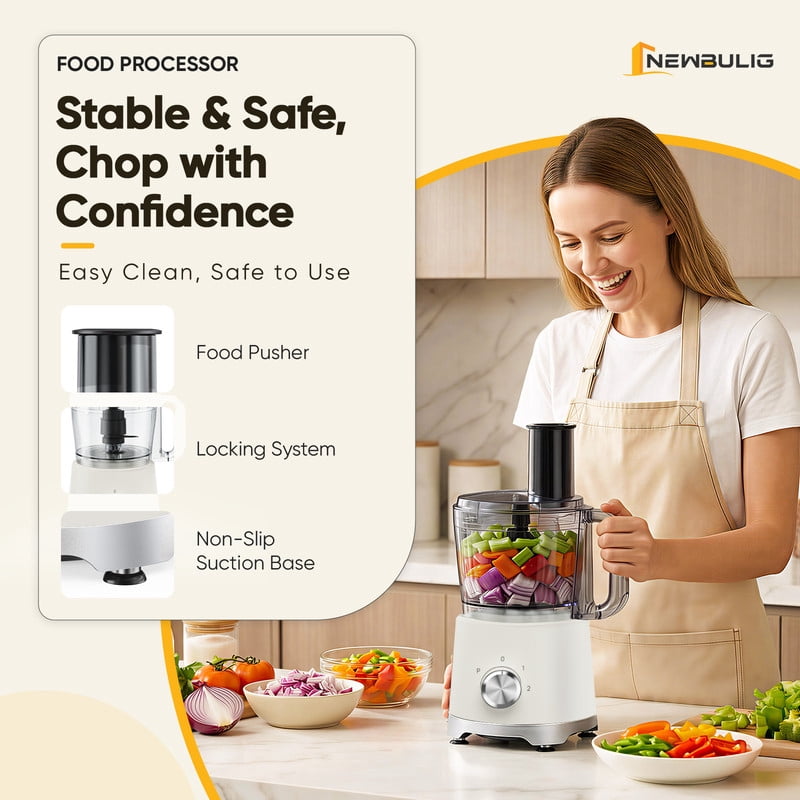 Gianna Food Processors 10.5 Cup, Vegetable Chopper with 5 Blades, 3 Modes Food Processor, Large Capacity, Dishwasher Safe, Stainless Steel Blades, for Smoothie, Fruit, Dough，White