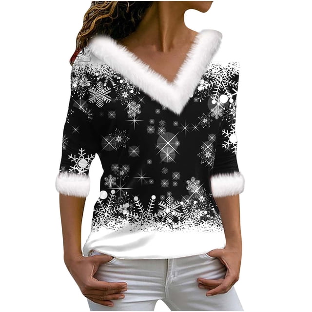 Birdeem Joyeux Noël Blouse Décontractée à Manches Longues Col en V pour Femmes
