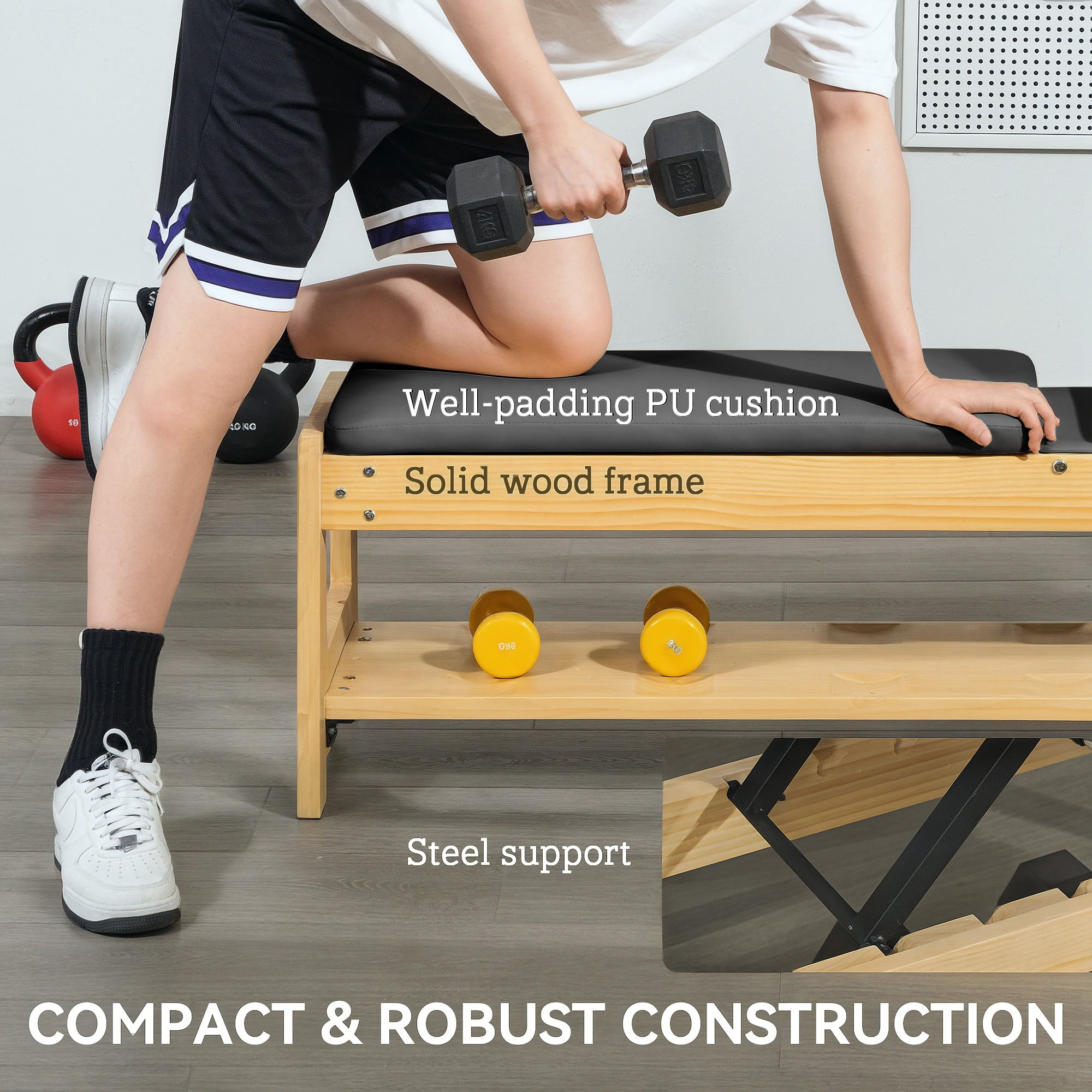 Soozier Adjustable Weight Bench with Dumbbell Rack, Wooden Flat or