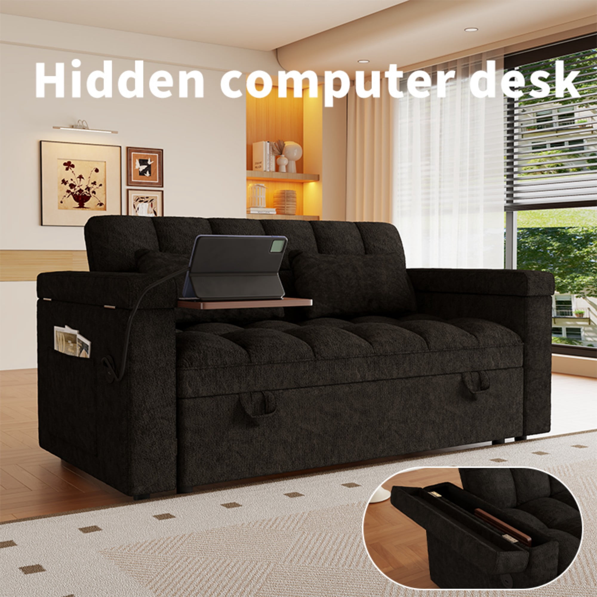 DEALTOPS 65" Chenille 3-in-1 Pull Out Sleeper Sofa Bed, Loveseat Couch with Tray Table & USB, Black