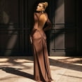 thumbnail image 5 of Women'S Elegant Slim-Fit Long Dress with High Neck, Long Sleeves & Pleated Backless Detail Brown S, 5 of 9