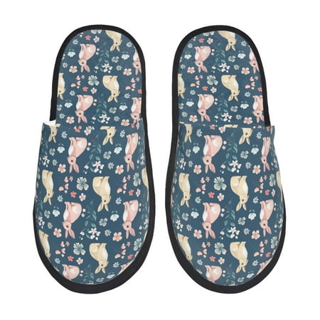 Balery Cute Rabbit Floral Slient Indoor Furry Fleece Comfort House Shoes Soft Non-Slip Home Shoes Cotton slippers House Slippers-- Medium