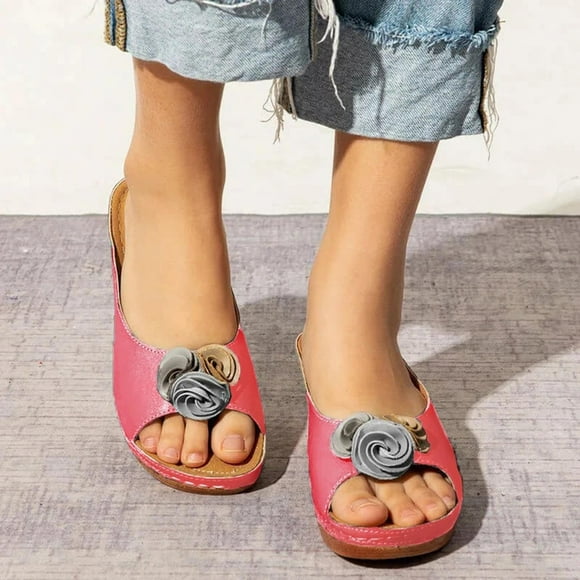 Kayannuo Summer Slippers for Women Clearance Indoor Outdoor Women's Casual Flower Slippers Fish Mouth Shoes Thick Sole Sloping Heel Sandals Gifts for Women