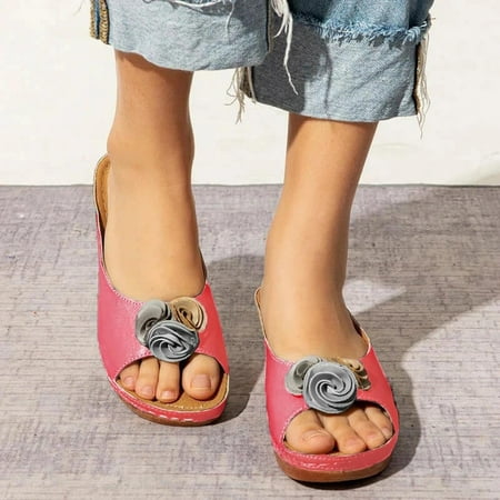 

Summer Saving Clearance! Tuobarr Women s Wedge Sandals Women s Casual Flower Slippers Fish Mouth Shoes Thick Sole Sloping Heel Sandals Pink US Size 5.5