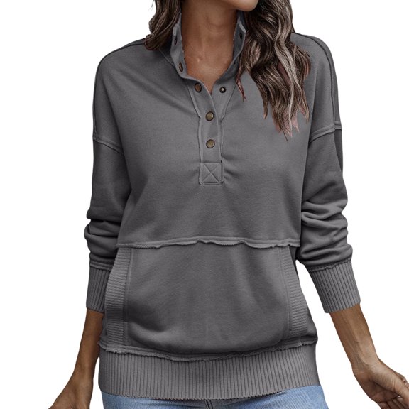 Sweatshirt for Women Button Down Lightweight Baggy Shirts Comfort Colors Sweatshirt Cute Tops Fall Outfits for Women Loose Fit Casual Shirts for Women Long Sleeve Tops,Dark Gray,L