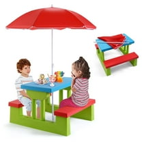 Kids Picnic Table Outdoor Furniture - Toddler Picnic Table with Foldable Umbrella, Plastic Garden Table and Bench for Backyard, Red, Blue & Green