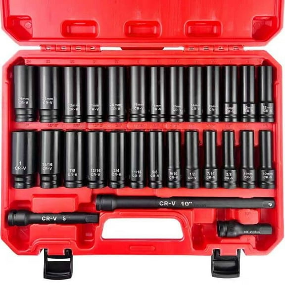 29pcs 1/2" Socket Set, Drive Deep Impact Socket Set, Including 3 ", 5", 10" Impact Extension Bar, Standard SAE (3/8 "- 1") and Metric (10mm-24mm), Cr-V Steel