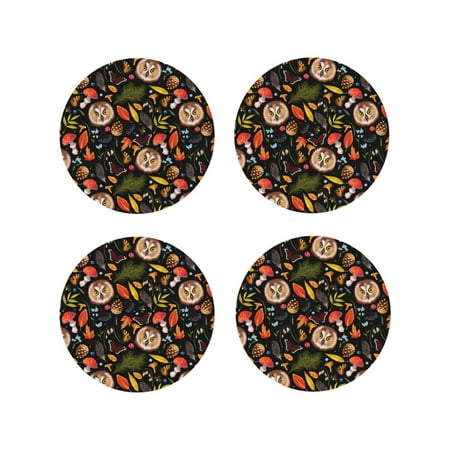 

Fuzoiu Owl And Leaves Print Leather Coasters Set Drink Coasters Set of 4 for Tabletop Protection Durable PVC Coasters Home Décor and Housewarming Gift-Round Shape
