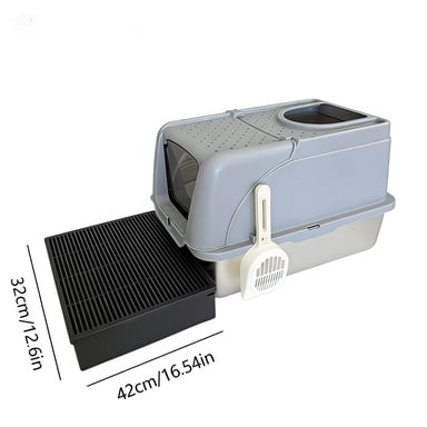 Large Enclosed Cat Litter Box with Integrated Tracking Mat, Dual Entry Hooded Cat Potty with Scoop, High Side Anti-Splashing Litter House for Odor Control, Gray