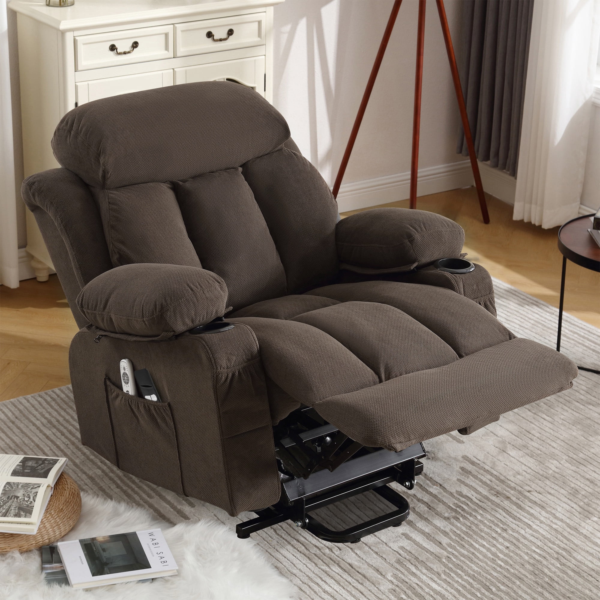 UHOMEPRO Lift Recliner Chair for Elderly and Adult, Electric Recliner with Heat and Vibration Massage, Remote Control, USB Port, Side Pockets & Cup Holders, Brown
