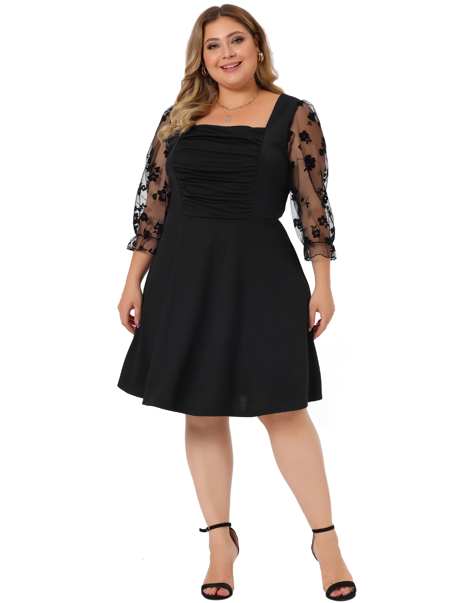 DARING DIVA Plus Women's Size Square Neck Floral Mesh Long Sleeves Dress 3X Black