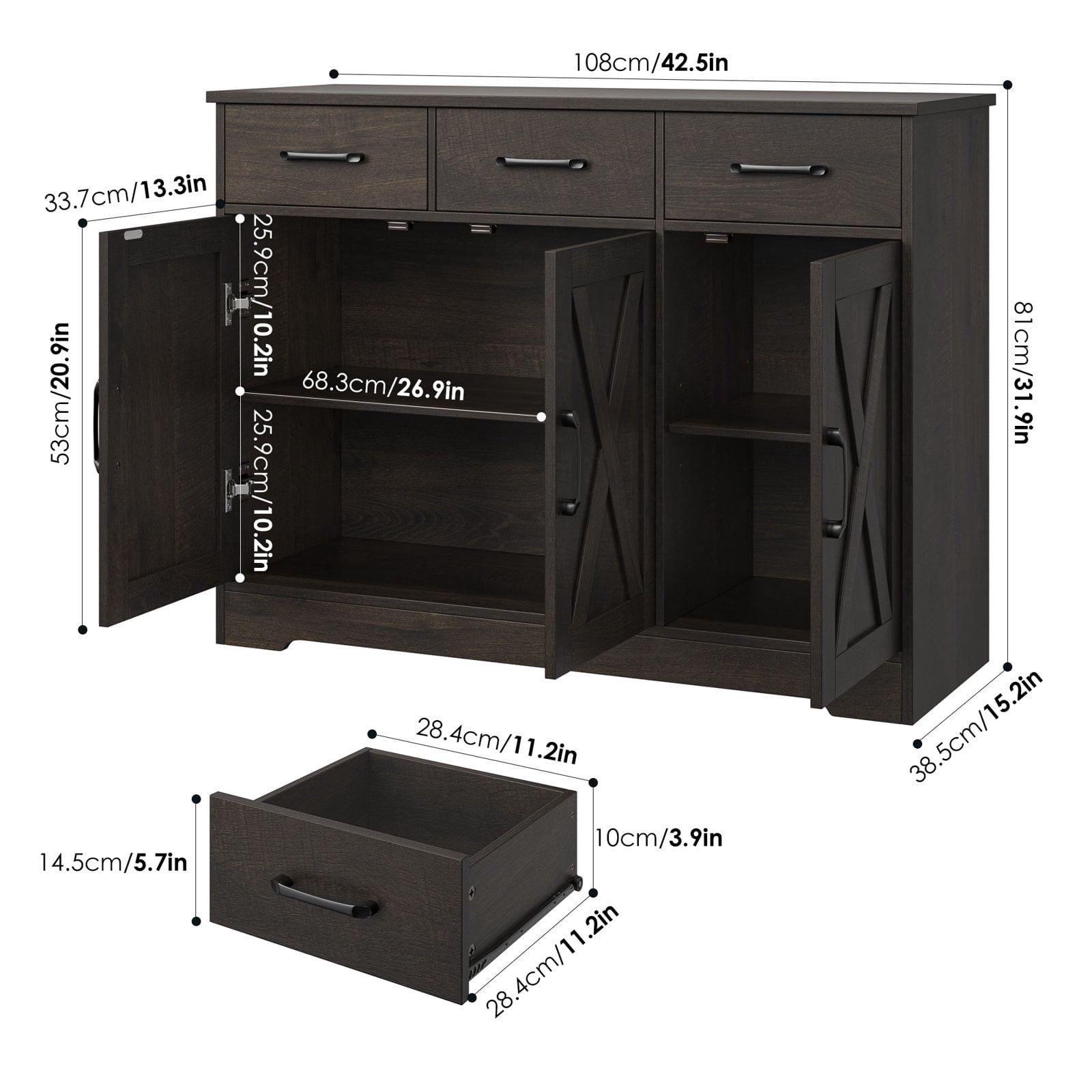Homfa 42.5″ Farmhouse Buffet Sideboard – Coffee Bar Storage with Drawers