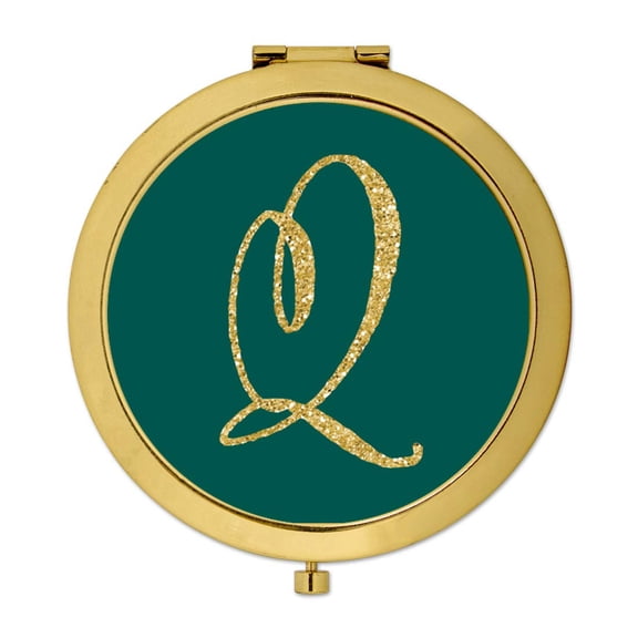 Koyal Wholesale Gold Compact Mirror Bridesmaid's Wedding Gift, Peacock Blue Jewel Tone , Monogram Letter Q, 1-Pack