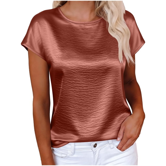 Camisas de Cuello Redondo de Color Sólido de Manga Corta de las Mujeres, Blusa Casual para el Uso Diario de Primavera Verano