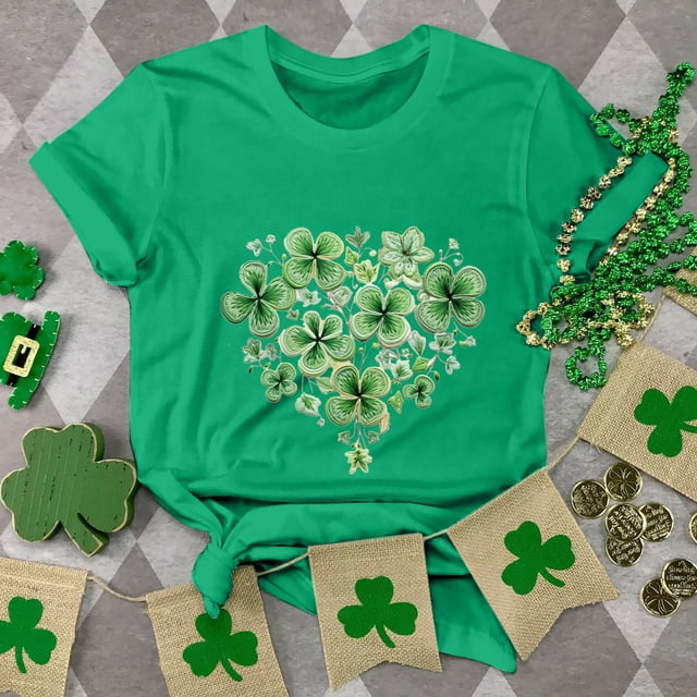 T-shirts de la Saint-Patrick pour Femmes, Col Rond, Manches Courtes, Imprimé Arbre de Noël