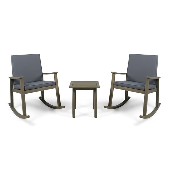GDF Studio Aeney Outdoor Acacia Wood 3 Piece Rocking Chair Chat Set with Cushions, Gray and Dark Gray