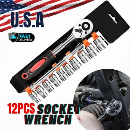 12Pcs/Set 1/4 Inch Ratchet Socket Wrench Set Metric Socket Set Repair Tool Us