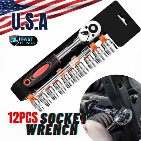 12Pcs/Set 1/4 Inch Ratchet Socket Wrench Set Metric Socket Set Repair Tool Us