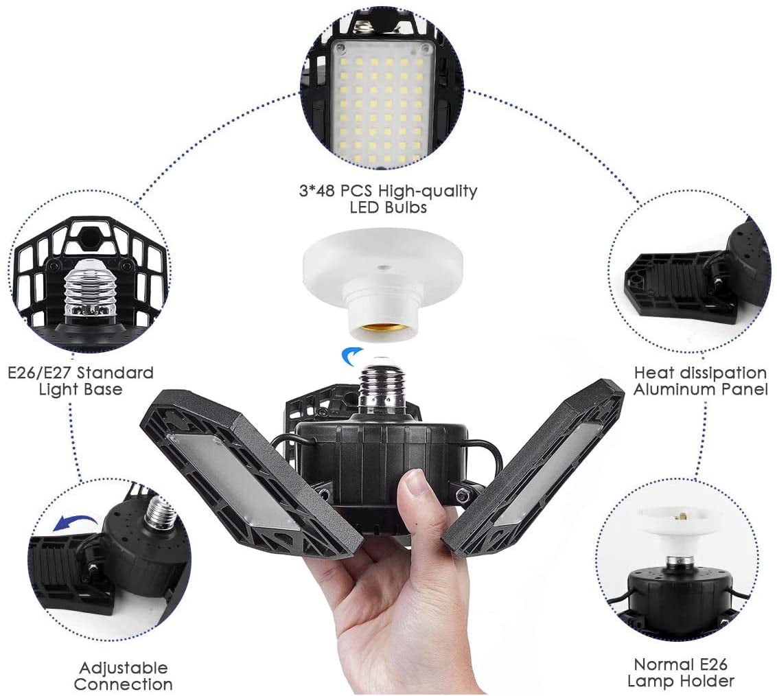 LED Garage Light - 6000 Lumen 6500K Daylight 60W, Three Leaf Led Garage Ceiling Lights