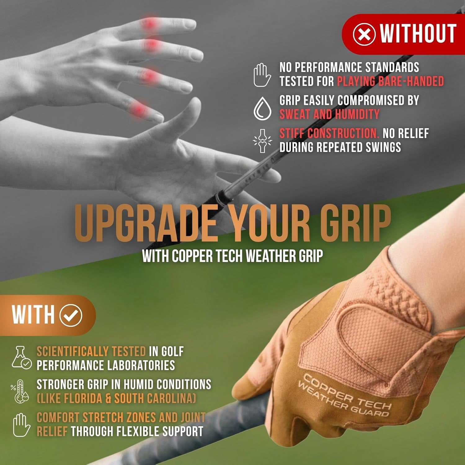 Copper Tech Plus Rain Golf Gloves Women | Water-Enhanced Golf Rain Gloves for Women | Joint Support Ergonomic Copper Compression (Copper/Brown, Small, Right)
