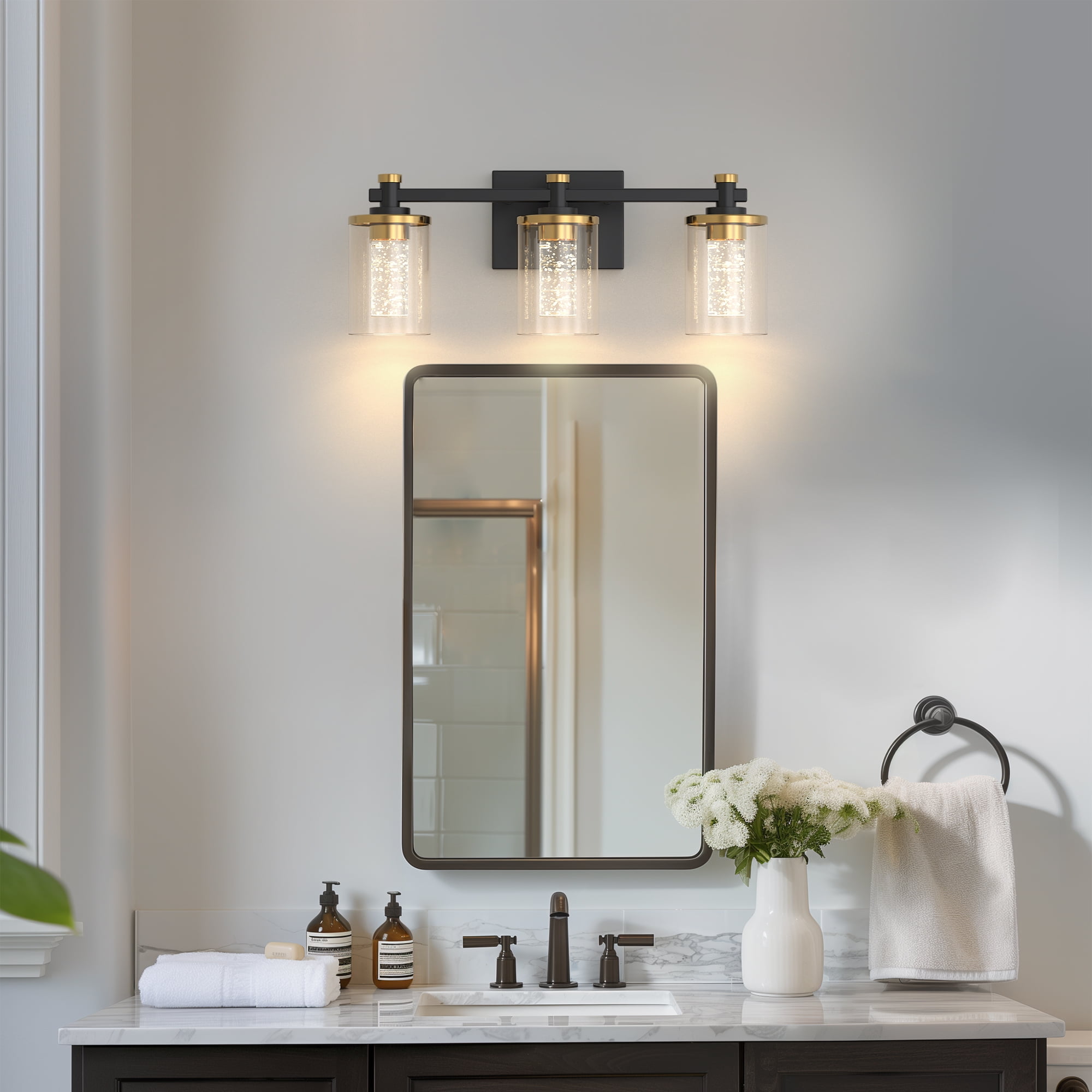 YANSUN 19.7 in Modern 3-Light Black and Gold Crystal LED Vanity Light with Clear Glass Shades, 3CCT Lighting for Bathroom, Powder Room, Vanity Table