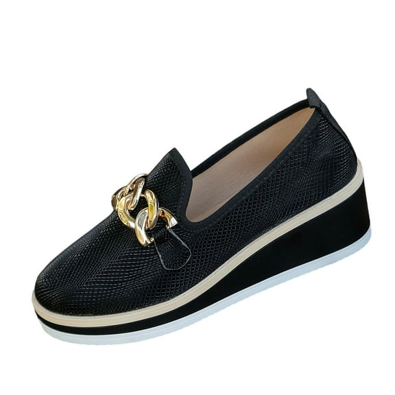 Black Ladies Loafers With Metal Chain Wedge Heel And Thick Sole For Everyday Use And Fashion
