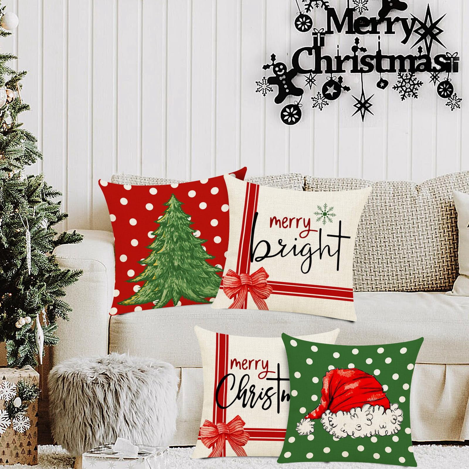 Qoosea Christmas Pillow Covers 18x18 Set of 4 Cute Xmas Tree Santa Graphic Throw Pillow Cases Linen Cushion Cover Christmas Decorations for Home Bed Couch