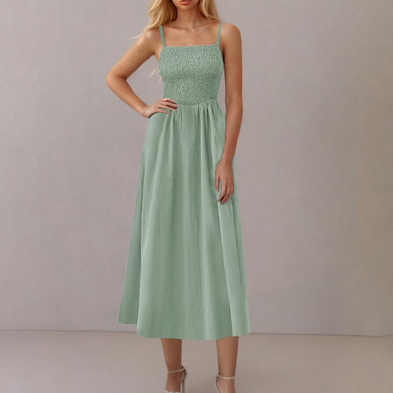Trendy SMihono Womens Smocked A Line Strap Dress Summer Vacation Sundress  Solid Elegant Mid Calf Length Dresses for Travel Mint Green L - Walmart.com